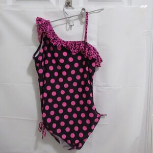 Justice One Piece Swimsuit Girls 18 Pink Black Polka Dot Leopard Ruffle Good